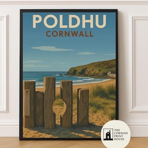 Poldhu Beach Kunstdruck - Cornwall Küsten Wand Kunst, Bold Reise Poster A2 A3 A4 A5 | Lebendige Küstenillustration mit kultigem Zaun |