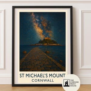 St Michael’s Mount Kunstdruck - Cornwall Küstenwand Kunst, Reise Poster Illustration A2 A3 A4 A5 | Nachthimmel Galaxie Landschaft Dekor |