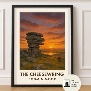 Cheesewring Art Print - Cornwall Küstenwandkunst, Reiseposter Illustration A2 A3 A4 A5 | Bodmin Moor Sonnenuntergang Landschaft | Kornische Wahrzeichen
