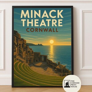 Minack Theater Kunstdruck - Cornwall Küste Wand Kunst, Bold Reise Poster A2 A3 A4 A5 | Sonnenuntergang am Meer Amphitheater Illustration | Porthcurno