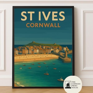 St. Ives Kunstdruck - Cornwall Küstenwand Kunst, Bold Reiseposter A2 A3 A4 A5 | Bunte Hafen Szene Illustration | 1980er Jahre