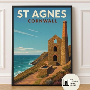 Lámina artística de St Agnes Wheal Coates: arte mural del patrimonio minero de Cornualles, póster de viaje llamativo (tamaño A2, A3, A4, A5) / Casa de máquinas colorida junto al acantilado