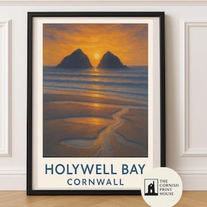 Holywell Bay Kunstdruck – Cornwall Küstenwand Kunst, Reise Poster Illustration A2 A3 A4 A5 | Meer Strand Landschaft Dekor | UK Surf Geschenk