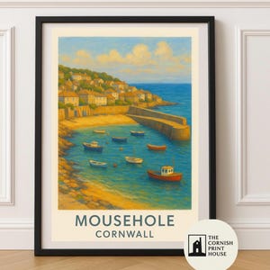 Mousehole Hafen Art Print - Cornwall Küstenwandkunst, Reise Poster Illustration A2 A3 A4 A5 | Küstendorf Landschaft Dekor |
