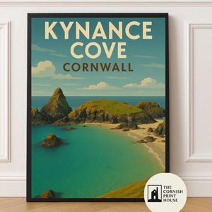 Kynance Cove Art Print - Cornwall Küstenwand Kunst, Bold Reiseposter A2 A3 A4 A5 | Lebendige Klippen Strand Illustration | Halbinsel Lizard