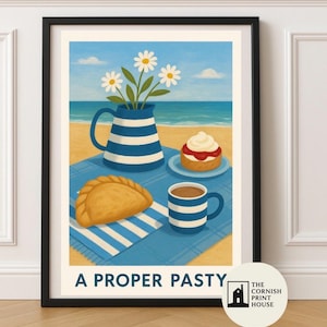 Proper Pasty Kunstdruck – Cornwall Küstenwand Kunst, Reise Poster Illustration A2 A3 A4 A5 | Picknick am Strand Cornish Cream Tea