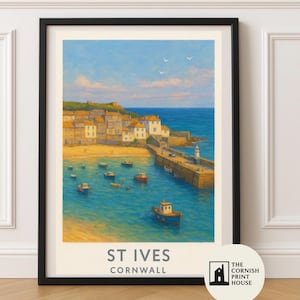 St Ives Cornwall Kunstdruck | Küstenwand Kunst Wohnkultur | A5 A4 A3 A2 Vintage Stil Reise Poster | Meer Illustration Landschaft