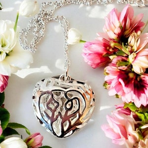 Flower Filigree Heart Pendant Sterling Silver Necklace - Delicate and Beautiful Design