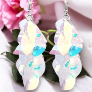 Iridescent Acrylic Petal Earrings - Lightweight Statement Dangle Earrings - Holographic Boho Jewelry