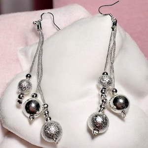 Silver Beaded Drop Earrings - Elegant Long Dangle Earrings - Lightweight Statement Jewelry for Women
