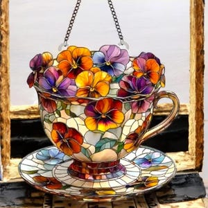 Teacup Floral Stained Glass-Style Acrylic Suncatcher - 8in Hanging Window Decor