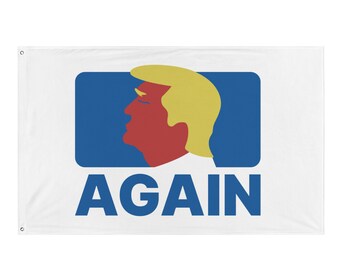 May include: White flag with a blue rectangle containing a red and yellow silhouette of a person's head. The word "AGAIN" is printed in blue below the rectangle.