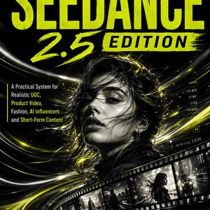 May include: A book cover titled The Realistic AI Video Playbook SEEDANCE 2.5 EDITION by Claire Hadley Studio. It features a portrait of a person surrounded by yellow light streaks and a film strip showing city scenes with technical camera settings.