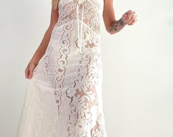 Återvunnen broderad vintage spets maxiklänning gyllene storlek liten