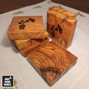 Wooden Coasters - Rustic Olive Wood, Natural Wooden Drink & Coffee Coasters, Custom Woodburning Design, Handmade Gift Set (2/4/6/32)