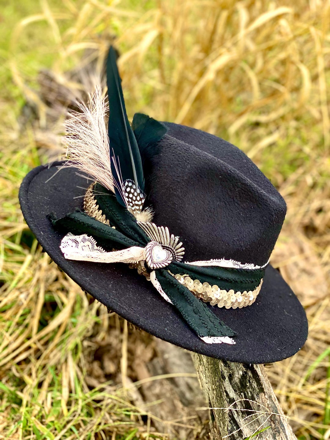 Ladies Flat Brim Felt Cowgirl Hat. Black Flatbrim Girls Hat. Womens ...