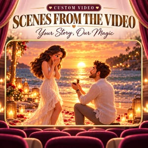 May include: A digital graphic featuring the text CUSTOM VIDEO, SCENES FROM THE VIDEO, and Your Story, Our Magic. The central image depicts a person in a white dress and a person in a white shirt on a beach at sunset, with one kneeling to propose.