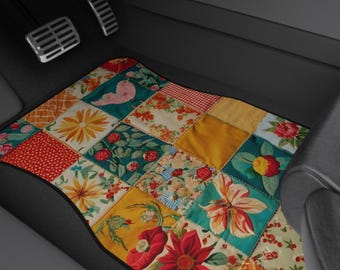 Floral Patchwork Car Mats: Boho Quilt Print Auto Floor Protectors- (PRINTED DESIGN)