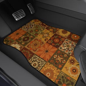Alfombrillas de coche estilo patchwork floral retro / Juego de 4 piezas con ambiente otoñal