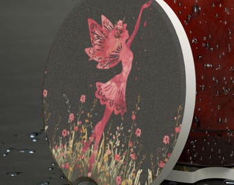 Pink Fairy Silhouette Car Coaster | Boho Soapstone Round Drink Mat