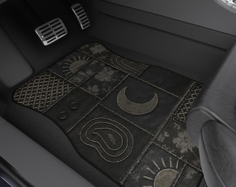Boho Moon Car Mats, Black Celestial Patchwork - (PRINTED DESIGN)
