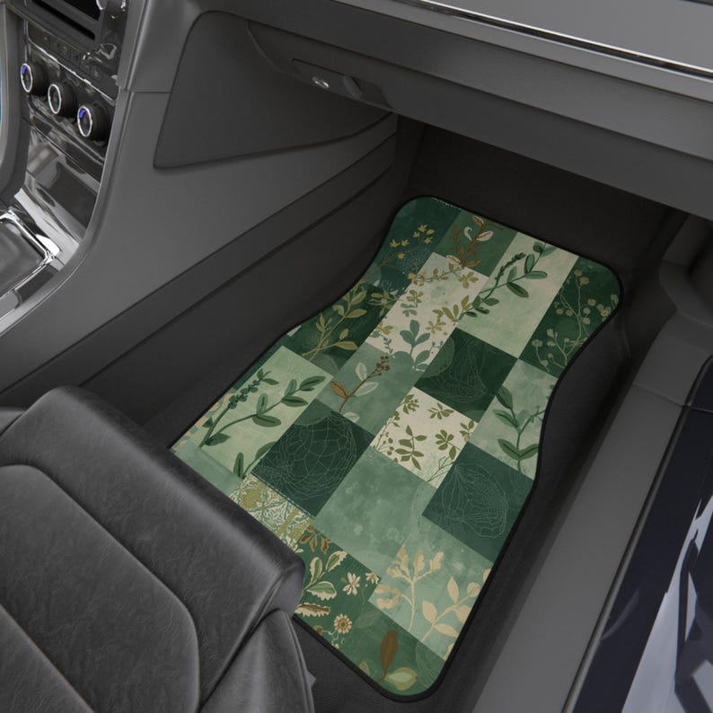 Green Boho Patchwork Car Mats | Floral Summer Auto Decor -(PRINTED DESIGN) image 5