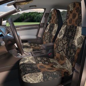 Boho Patchwork Pattern Car Seat Covers | Lacy Rustic Brown Floral Patchwork