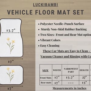 May include: A Luckibambi vehicle floor mat set featuring a white surface with a yellow flower graphic. The front mat measures 27 inches by 17 inches with a 13.7-inch narrowest part, and the rear mat measures 13 inches by 17 inches, both 0.25 inches deep.