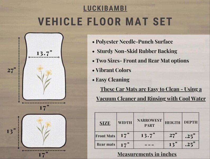 May include: A Luckibambi vehicle floor mat set featuring a white surface with a yellow flower graphic. The front mat measures 27 inches by 17 inches with a 13.7-inch narrowest part, and the rear mat measures 13 inches by 17 inches, both 0.25 inches deep.