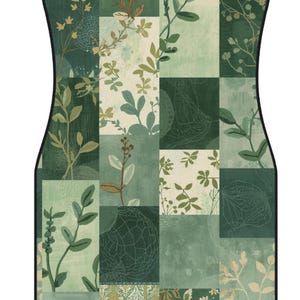 May include: A rectangular car floor mat with rounded corners and a black border, featuring a patchwork design of various shades of green and cream. The pattern consists of botanical illustrations of leaves, stems, and intricate line-drawn textures.