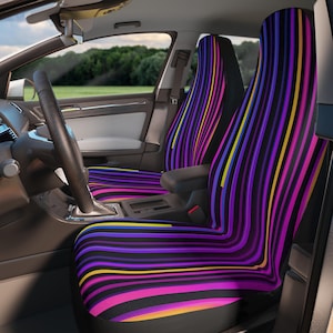 80s Neon Striped Car Seat Covers: Universal Fit Polyester Set
