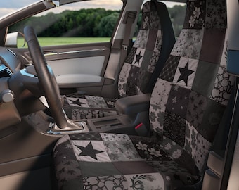 Fundas para asientos de coche con estampado de estrellas y patchwork gris / Protector de asiento de coche acolchado con estampado floral estilo bohemio