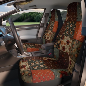 Boho Patchwork Car Seat Covers, Retro Vintage Floral Quilt Pattern- Set of 2