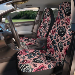 ピンクと黒のバラのカーシートカバー、シートプロテクター、自動車アクセサリー、花柄の車の装飾、ゴシックな自動車の装飾、ゴスカーギフト
