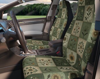 Vintage Sage Green Floral Patchwork Car Seat Covers | Botanical Sunflower Pattern