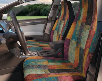 Vintage Boho Wood Plank Car Seat Covers | Colorful Patchwork Automotive Protector