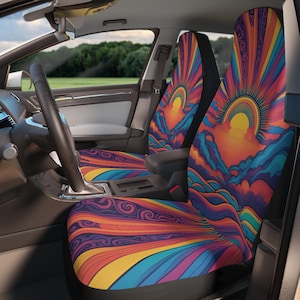 Boho Sun Car Seat Covers: Colorful Waves Auto Decor (Set of Two)