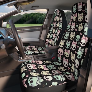 Cute Skulls with Bows Car Seat Covers, Pastel Goth, Teen Decor, Cute Halloween Accessories, Goth Car Accessories, Car Accessories for Teens