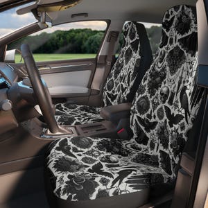 Goth Car Seat Covers, Crow, Skulls, Lacy Flowers, Black Gray, Alternative Style Auto Decor, Dark Macabre Vehicle Accessory, Halloween Car