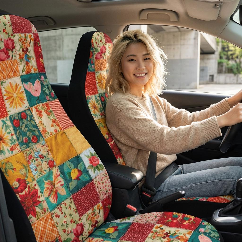 ボヘミアン風花柄パッチワークカーシートカバー – 秋の車内装飾 – 2枚