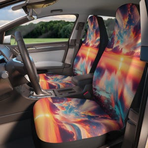 Vibrant Sunset Car Seat Covers: Colorful Polyester Auto Accessories (Set of 2