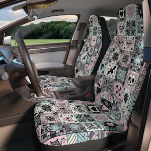 Pastel Goth Car Seat Covers: Skull Patchwork, Halloween Decor - Set of Two