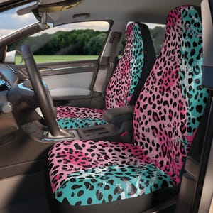 Pink and Blue Leopard Print Car Seat Covers: Vehicle Accessory Set