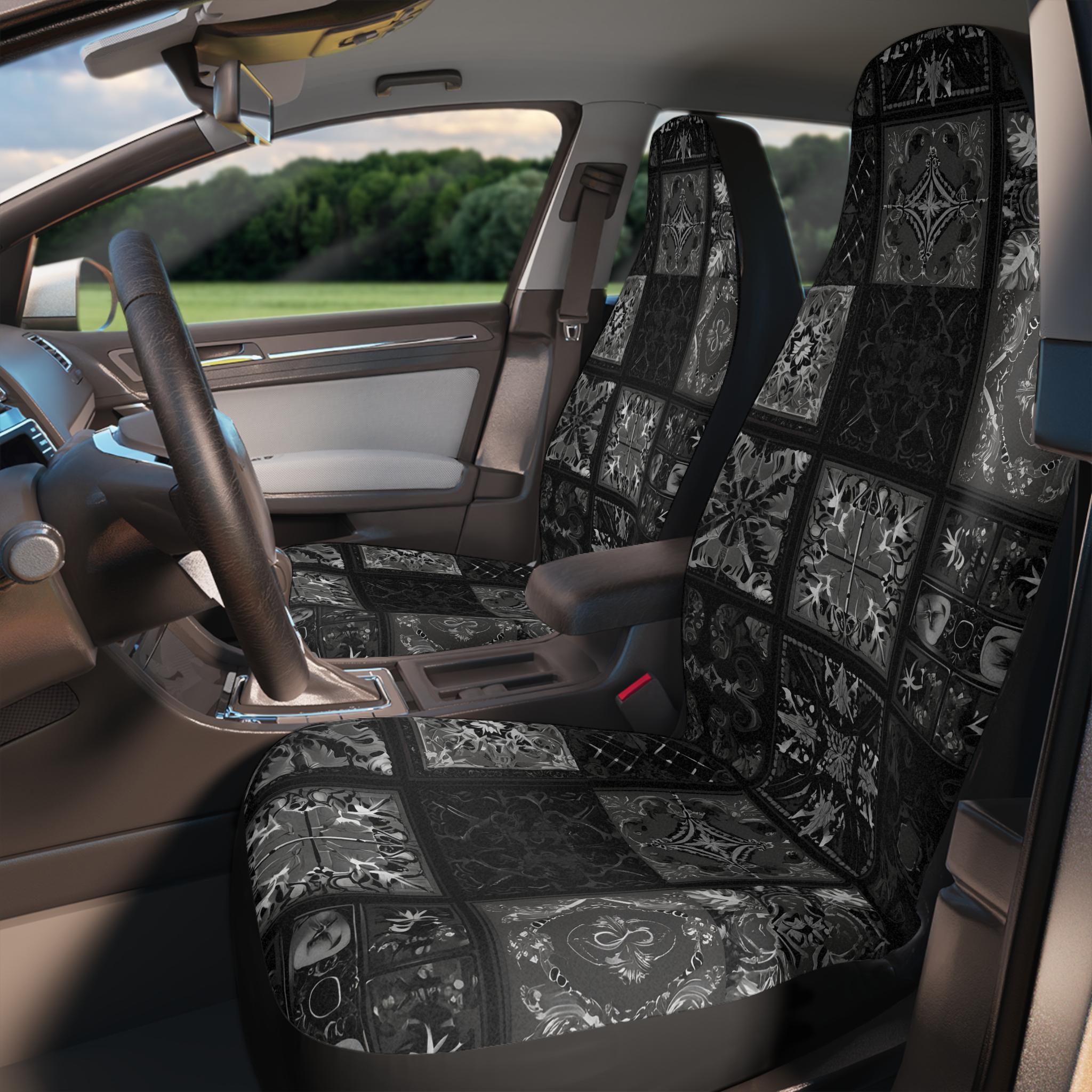 Black and Gray Patchwork Car Seat Covers, Boho Design, Goth Car Accessory, Alternative Seat Protector, Halloween Auto Decor, Vehicle Gift