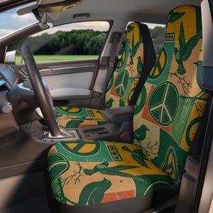 Retro Hippie Car Seat Covers, Peaceful Vibes, Boho Auto Accessory, Cute Birds, Peace Sign, New Driver Gift, Bohemian, Vintage Car Decor Her