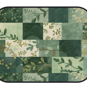May include: A rectangular mat with rounded corners featuring a patchwork design in various shades of green. The pattern consists of multiple squares and rectangles displaying botanical illustrations of leaves, branches, flowers, and intricate line art.