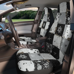 Fundas de asiento de coche con patchwork floral: decoración bohemia grunge en blanco y negro
