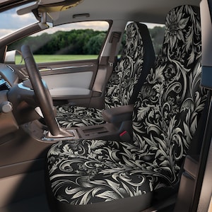 Black Floral Car Seat Covers: Elegant Boho Auto Interior - Set of 2