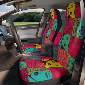 Pop Art Patchwork Autositzbezüge | Retro Anime Comic Gesicht Muster