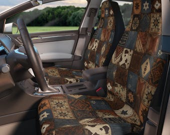 Western autostoelhoezen patchwork | Autostoelhoes met rustieke print boerderij